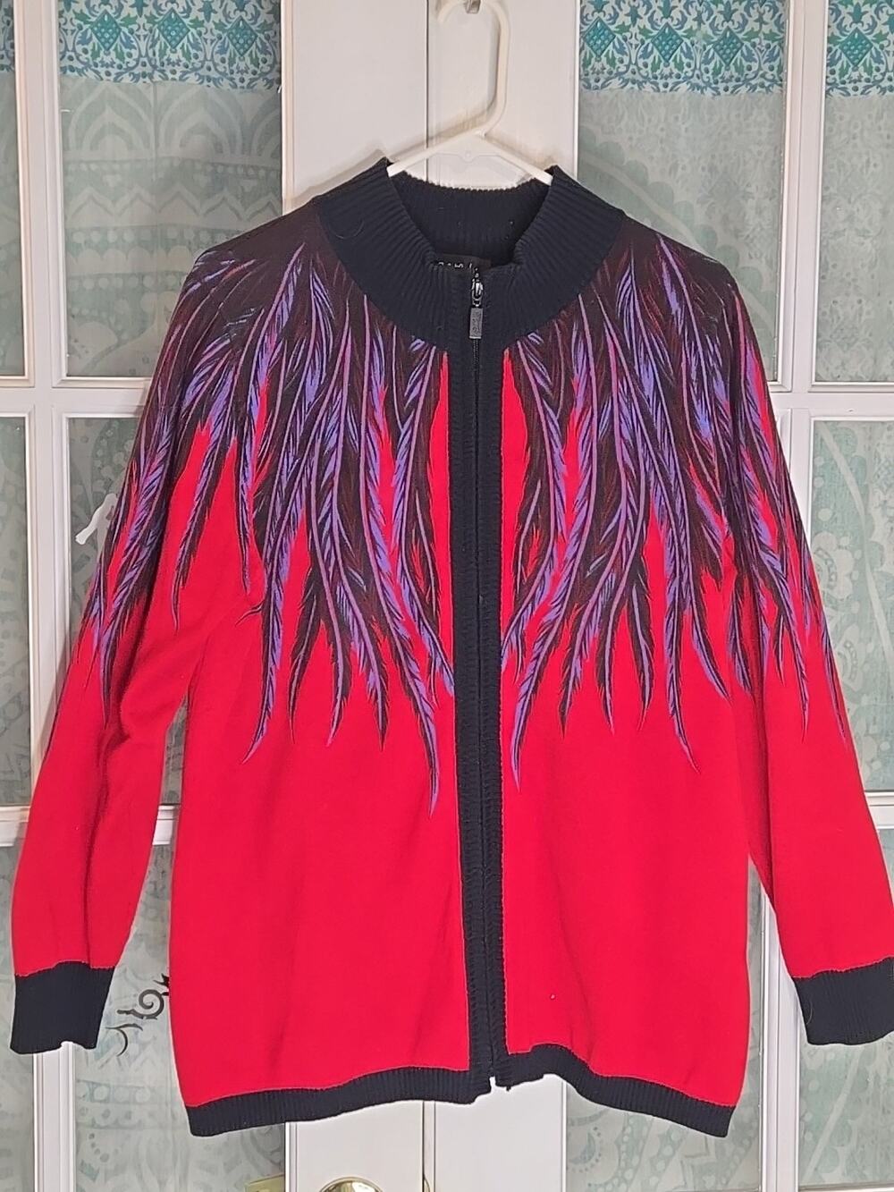 Bob Mackie Wearable Art Cardigan Sweater L Red Feather Zip Cotton Acrylic 80s